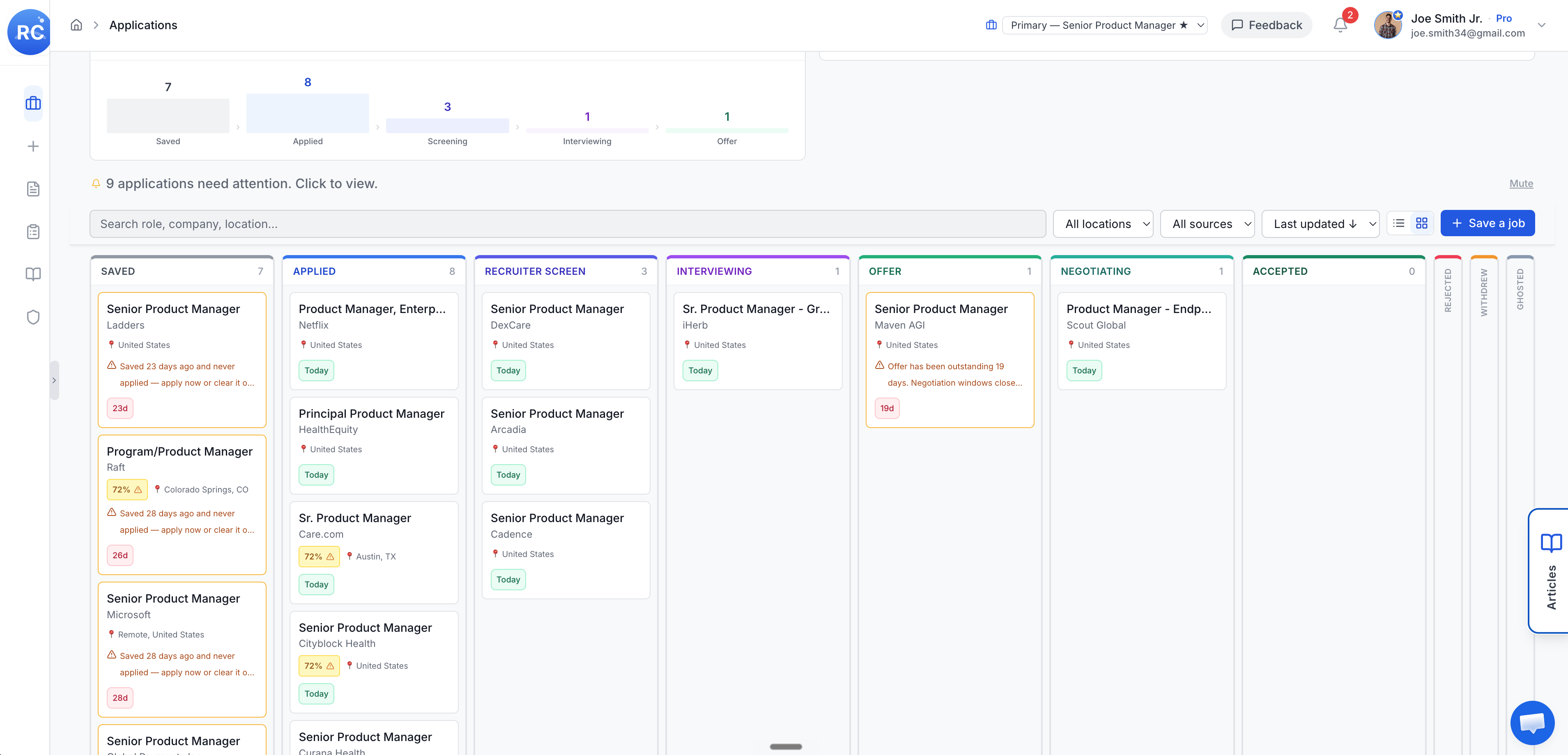 The Resumes Coach application board: a kanban pipeline from Saved through Applied, Recruiter Screen, Interviewing, Offer, Negotiating, and Accepted, with role and company on each card, match-score chips, and nudges flagging applications that have gone quiet