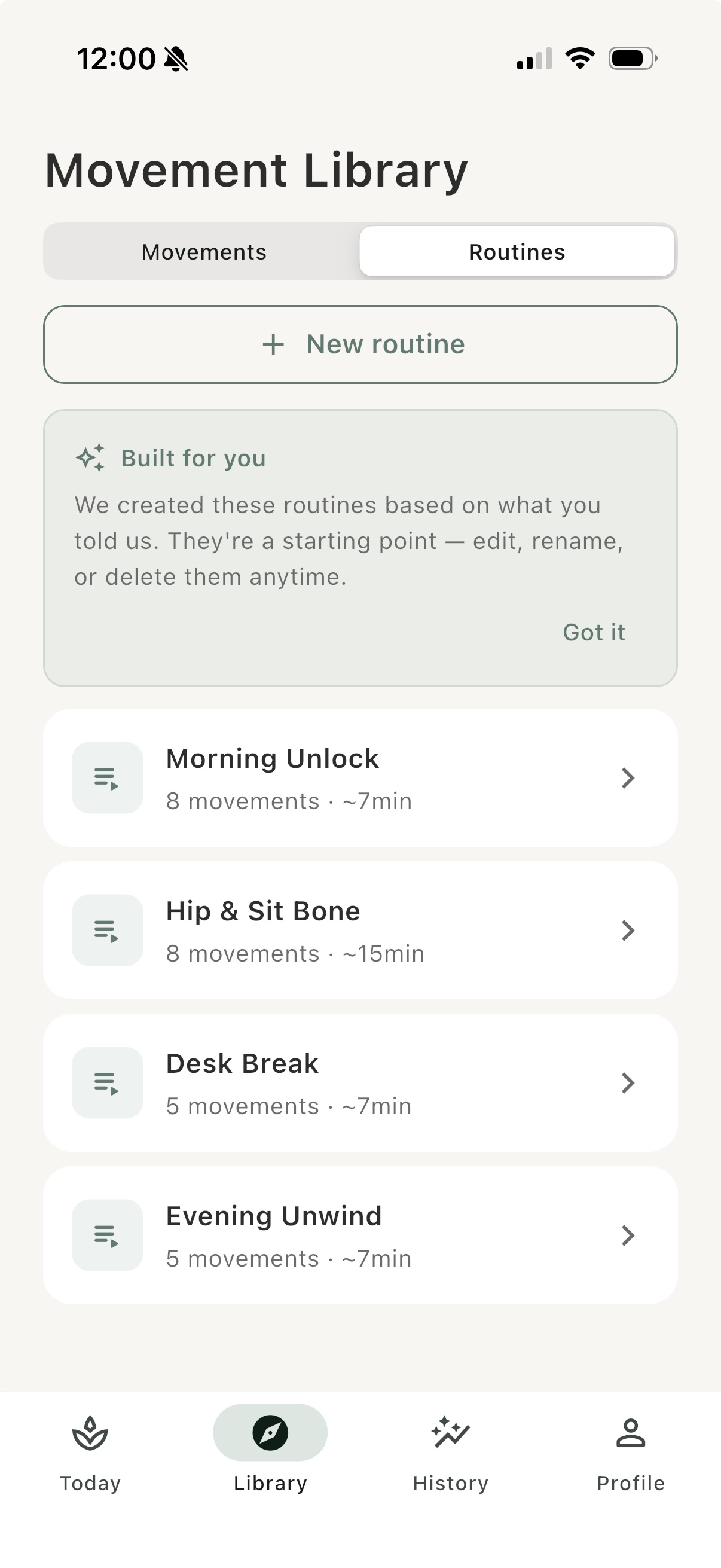 Pre-made routines list