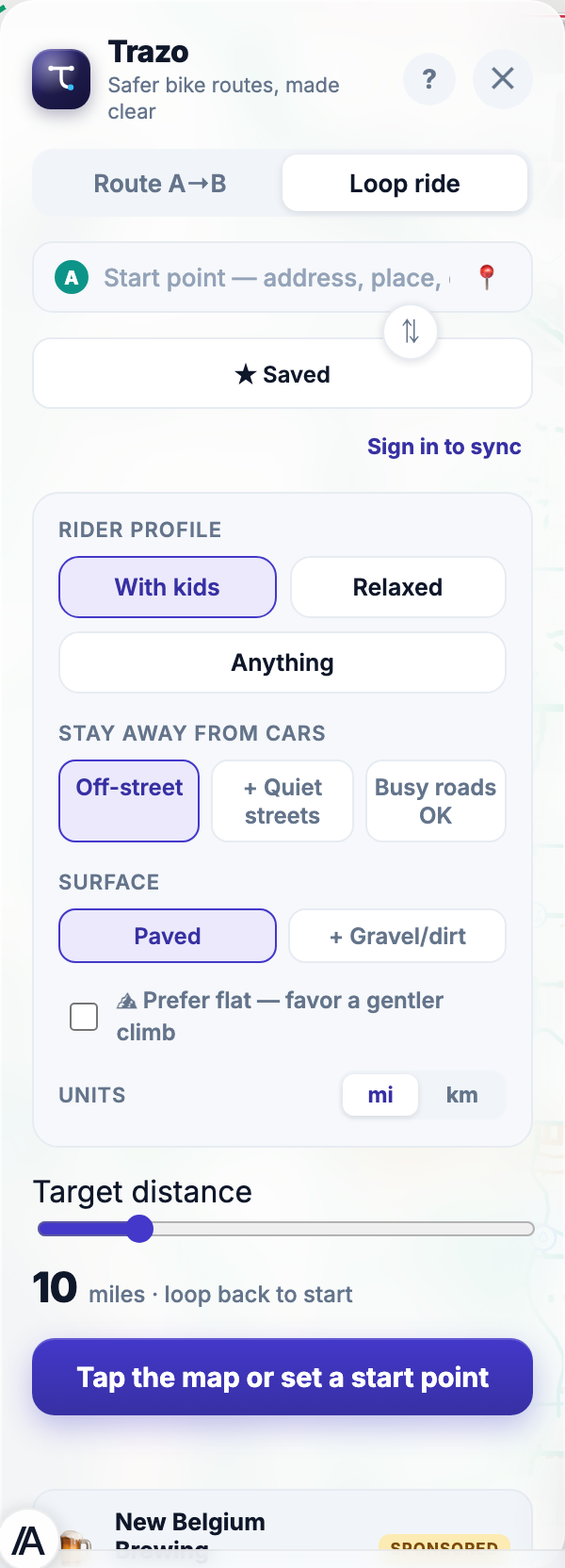 Loop mode with the With Kids profile, off-street and paved constraints, and a target distance slider