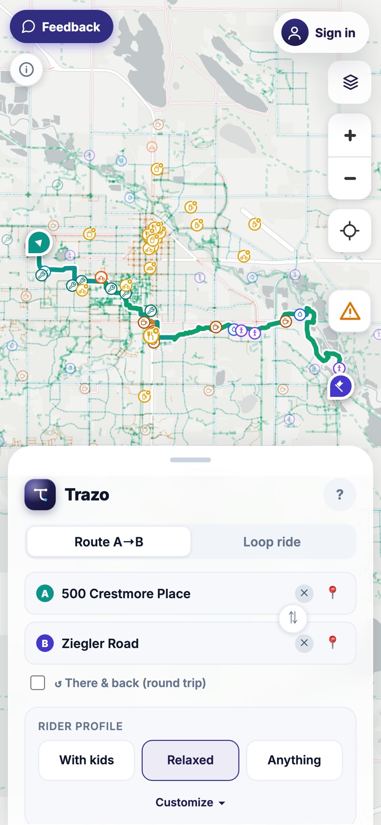 Trazo on a phone: a full-screen stress-colored map with a planned route drawn, and a bottom sheet showing the route stops and rider profile