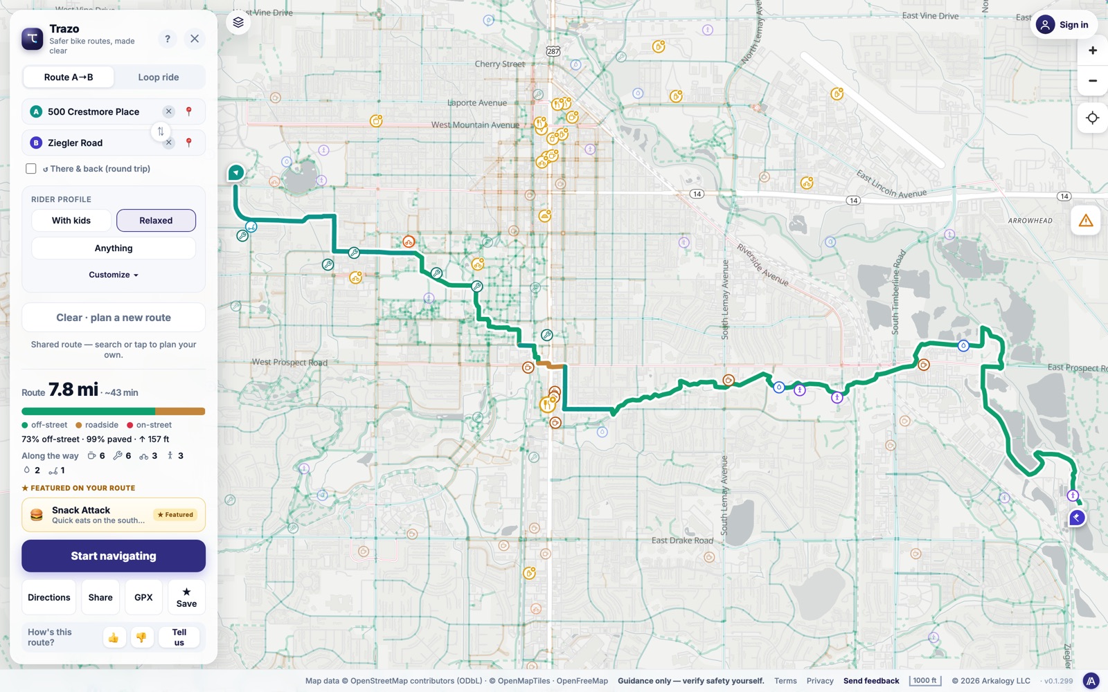 A low-stress bike route planned across Fort Collins: 7.8 miles, 73 percent off-street, drawn on a traffic-stress-colored map with a panel showing distance, time, and the rider profile